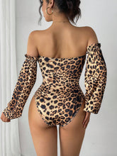 Women's Leopard Print Off Shoulder Lantern Sleeve Ruched Bodysuit
